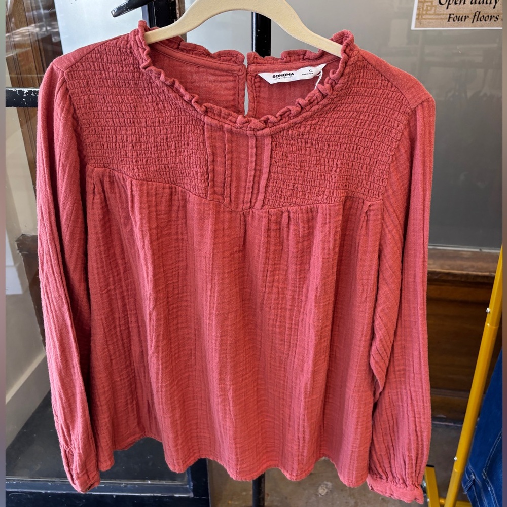 Sonoma Pink Smocked Ruffled Long Sleeve Blouse